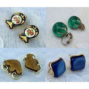 Lot of Four Vintage Earrings 1950s Damascene Lucite Cabochon Crackle Glass